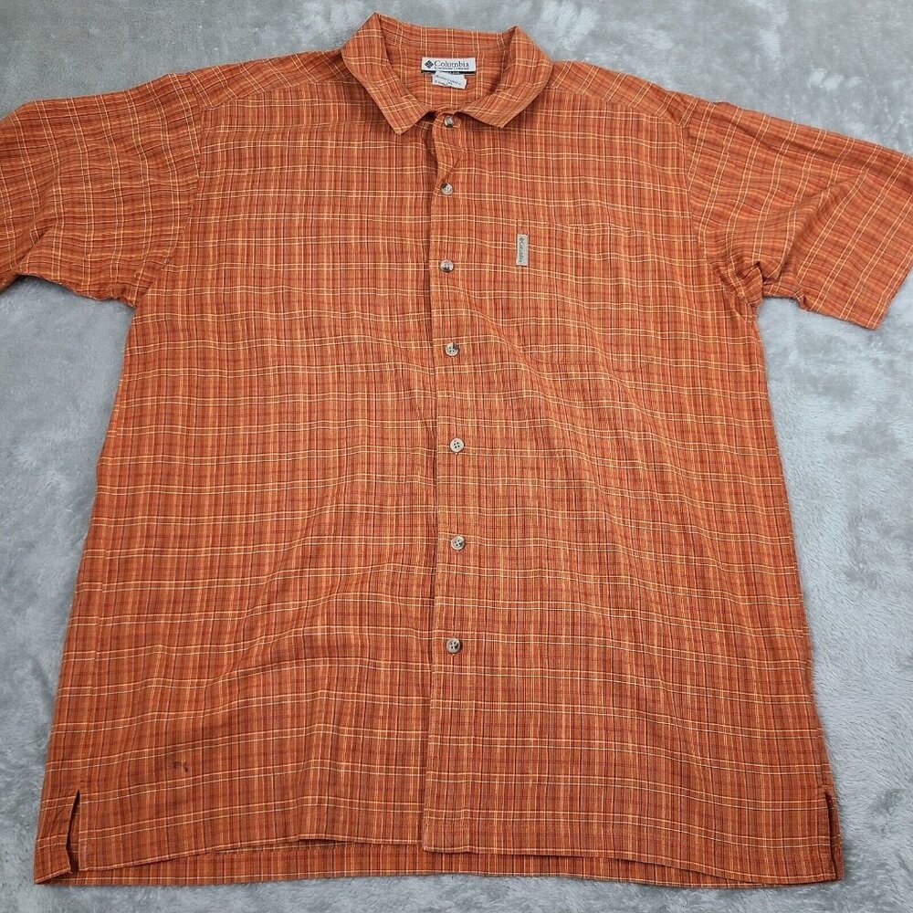 Columbia Button Up Shirt,‎ Men's 2X-Large, Short Sleeve Orange Plaid Zip Pocket